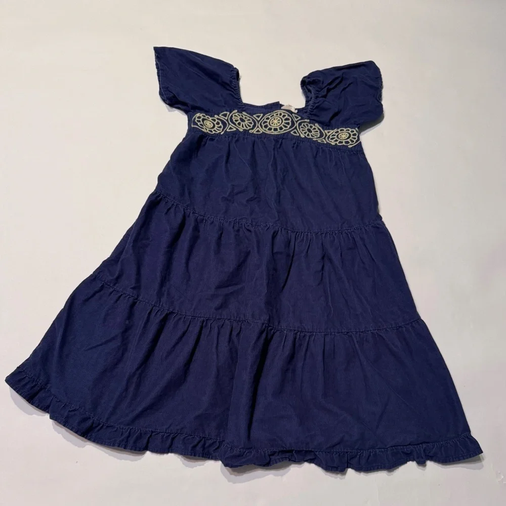 Mini Boden Blue Cream Embroidered Corduroy Dress Years Short Sleeve Tiered 9-10